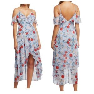 Bardot Women's Wrap Dress Size Small Blue‎ Floral Chiffon Cutout High-Low Hem